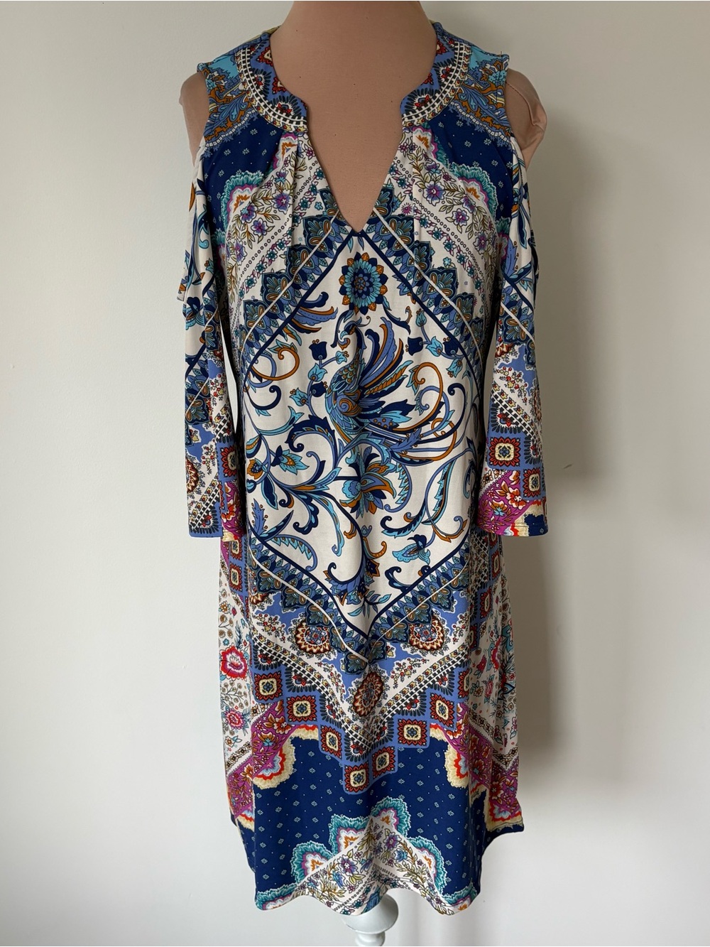 Hale Bob V-Neck Cold Shoulder Multicolor Boho Paisley Print Jersey Dress EUC XS